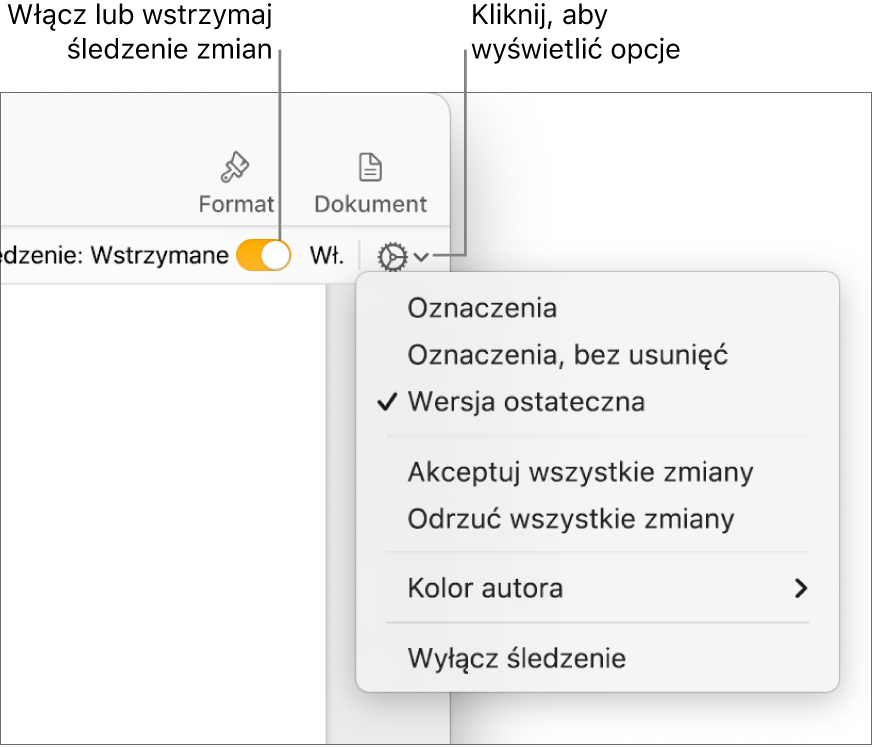 Menu opcji śledzenia zmian z poleceniem Wyłącz śledzenie na dole i etykietami do przycisków włączania i wstrzymywania śledzenia.