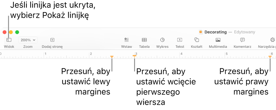 Linijka z narzędziem ustawiania lewego marginesu i narzędziem ustawiania wcięcia pierwszego wiersza.