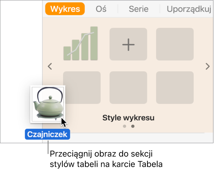 Przeciąganie obrazka do panelu stylów tabeli w celu utworzenia nowego stylu.