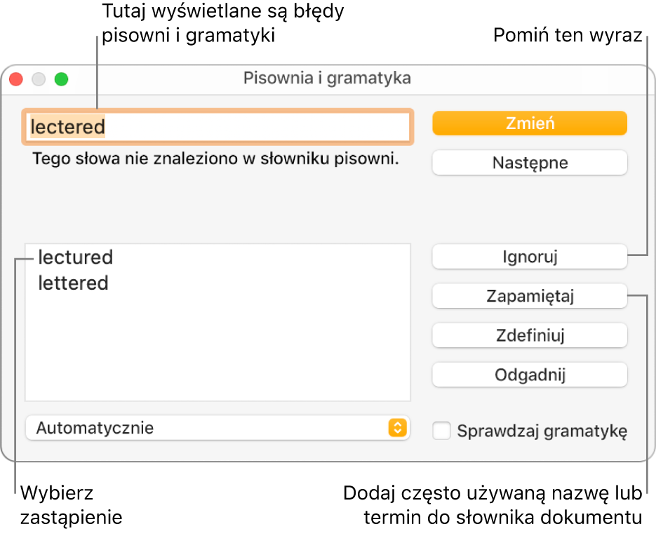 Okno pisowni i gramatyki.