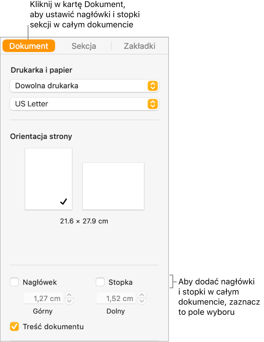 Pasek boczny Dokument z zaznaczoną na górze tego paska kartą Dokument. Poniżej pól wyboru Nagłówek oraz Stopka znajdują się strzałki umożliwiające zmianę odległości nagłówka i stopki od górnej i dolnej krawędzi strony.