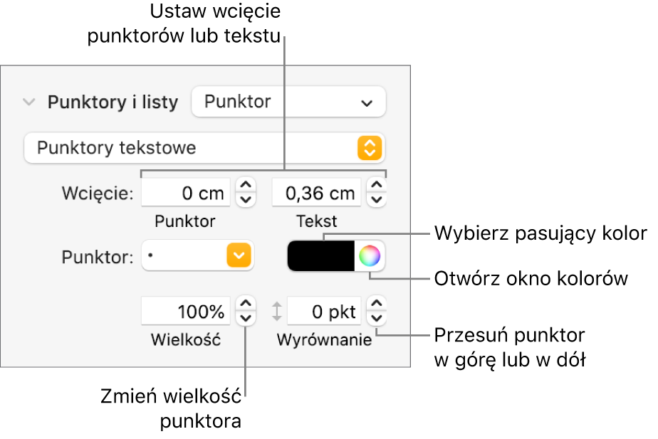 Sekcja Punktory i listy z etykietami wskazującymi narzędzia wcięć punktorów i tekstu, koloru punktora, wielkości punktora oraz wyrównywania.