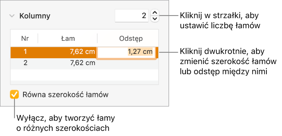 Panel Makieta w Inspektorze formatu, zawierający narzędzia edycji łamów.