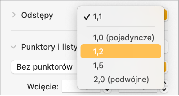 Menu podręczne Odstępy, zawierające pozycje Pojedyncze, Podwójne oraz inne opcje.