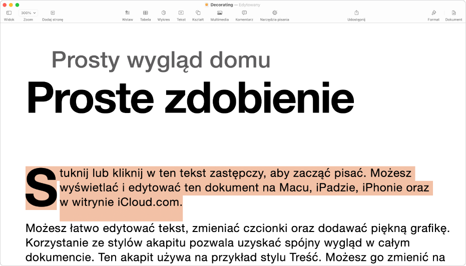 W otwartym dokumencie z zaznaczonym tekstem zastępczym szablonu.