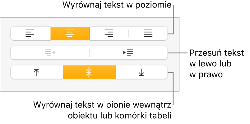 Sekcja Wyrównanie z opisami wskazującymi przyciski wyrównania i odstępów tekstu.