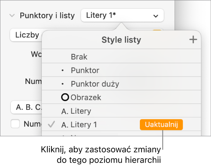 Menu podręczne Style listy z przyciskiem Uaktualnij obok nazwy nowego stylu.