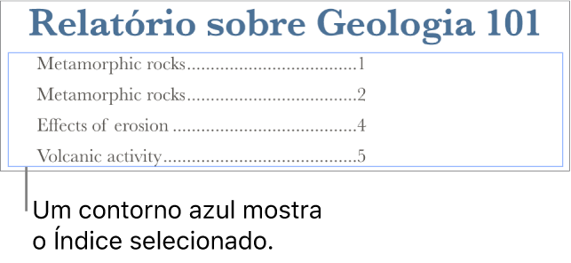 Um índice inserido em um documento. As entradas mostram títulos e seus números de página.