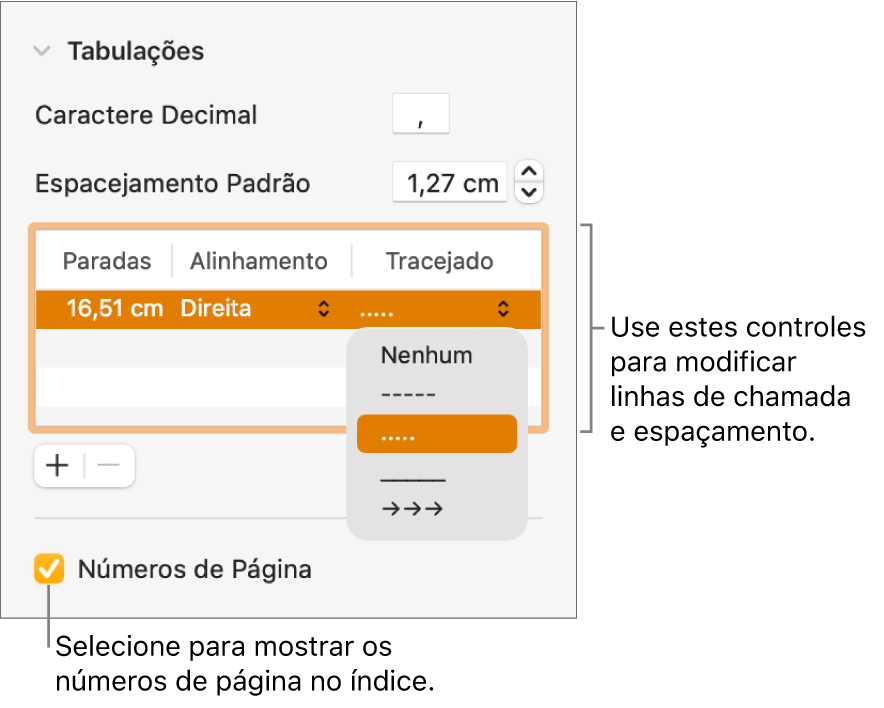 Seção Tabulações da barra lateral Formatar. Abaixo de Espacejamento Padrão aparece uma tabela com as colunas Paradas, Alinhamento e Tracejado. A opção Números de Página aparece selecionada abaixo da tabela.