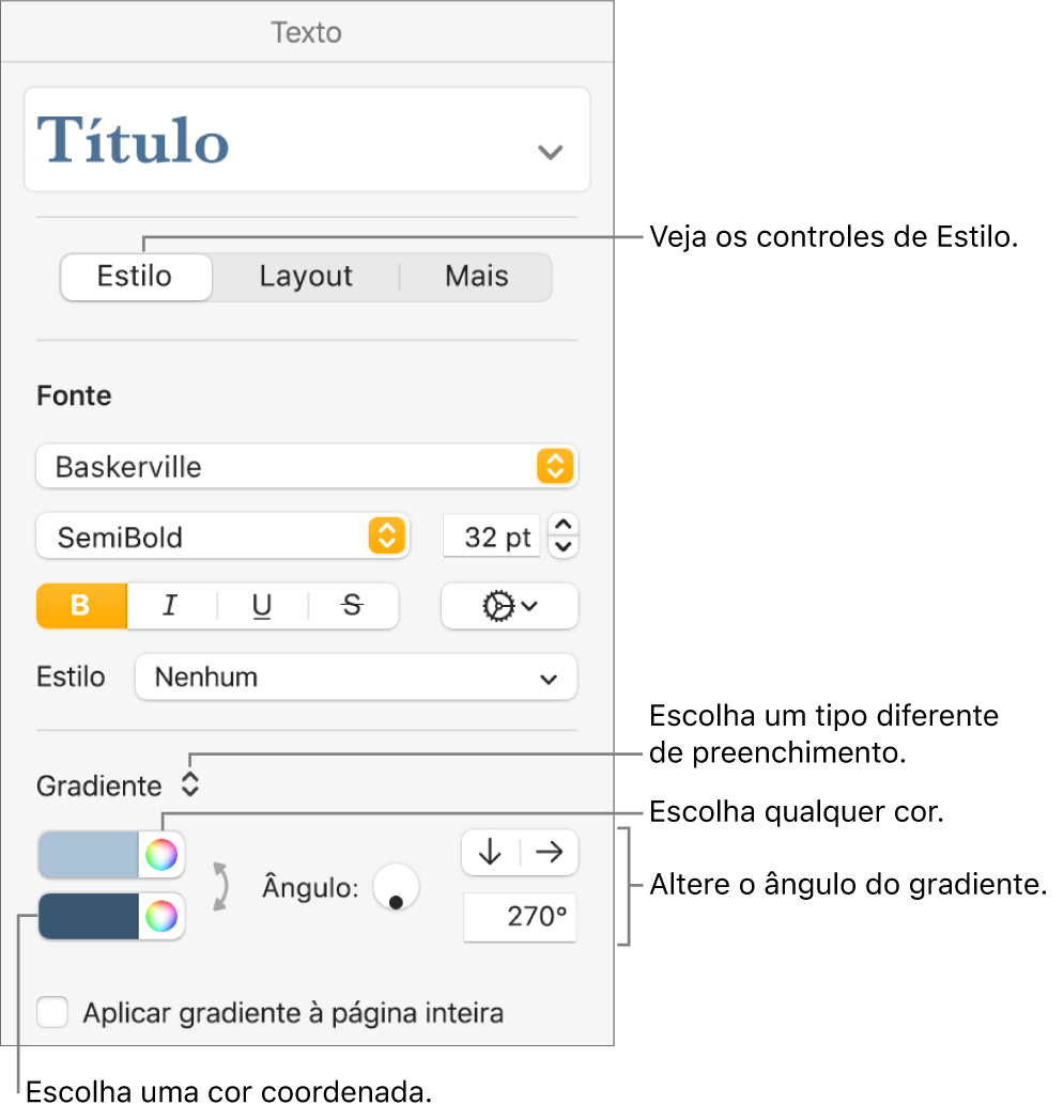 Controles para a escolha de cores prontas ou qualquer cor.