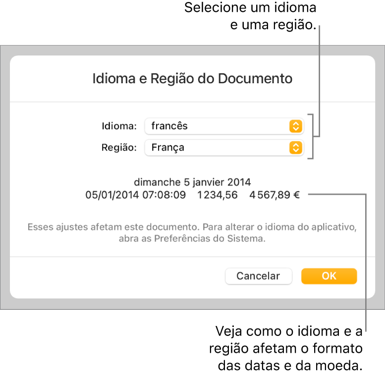 Painel “Idioma e Região” com controles para idioma e região e um exemplo de formatação, incluindo data, hora, decimal e moeda.