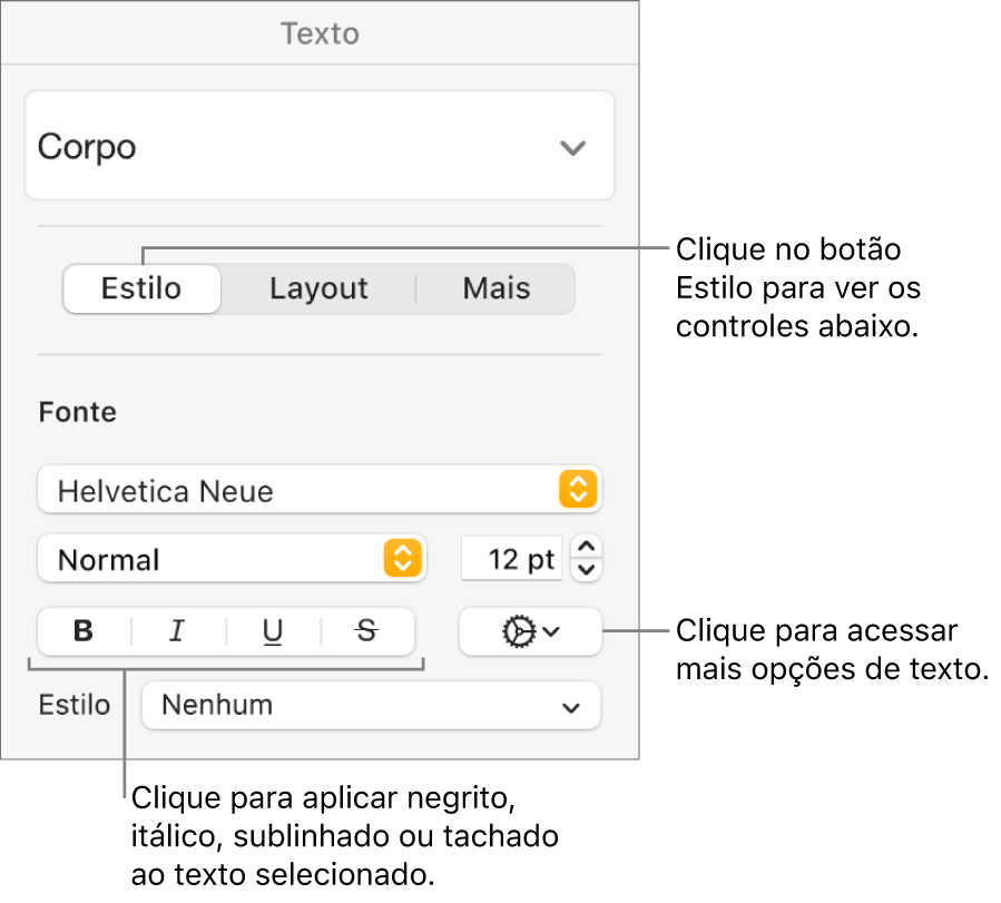 Controles Estilo na barra lateral Formatar, com chamadas para os botões Negrito, Itálico, Sublinhado e Tachado.