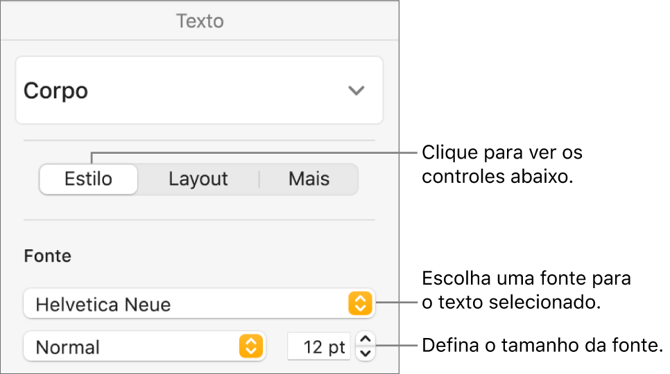 Controles de texto na seção Estilo da barra lateral Formatar para ajustar a fonte e o tamanho da fonte.