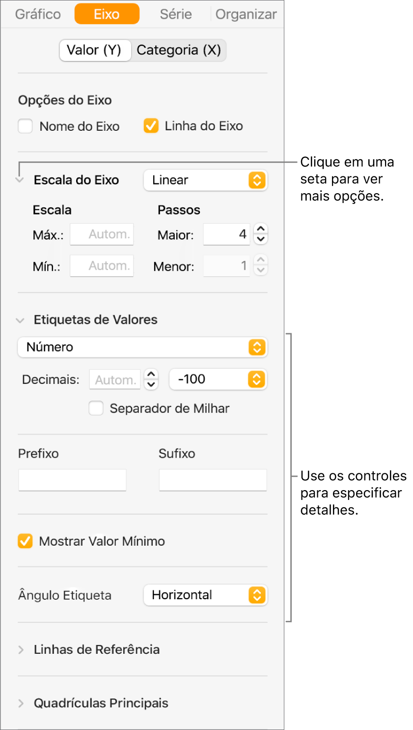 Controles para formatação de marcações de eixo do gráfico.
