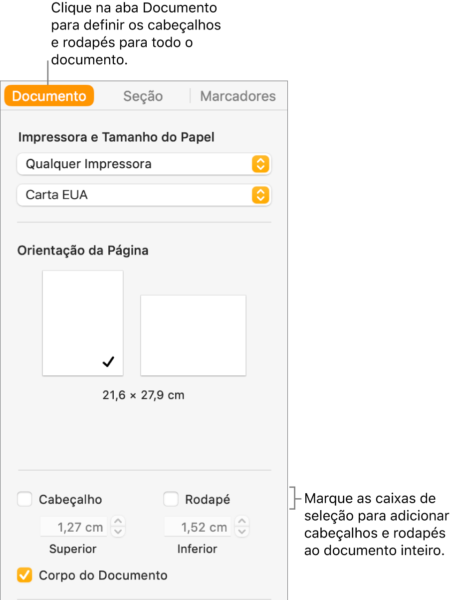 Barra lateral Documento com a aba Documento na parte superior da barra lateral selecionada. Abaixo das caixas de seleção de Cabeçalho e Rodapé, há setas para alterar a distância dos cabeçalhos e rodapés até a parte superior e a parte inferior da página.