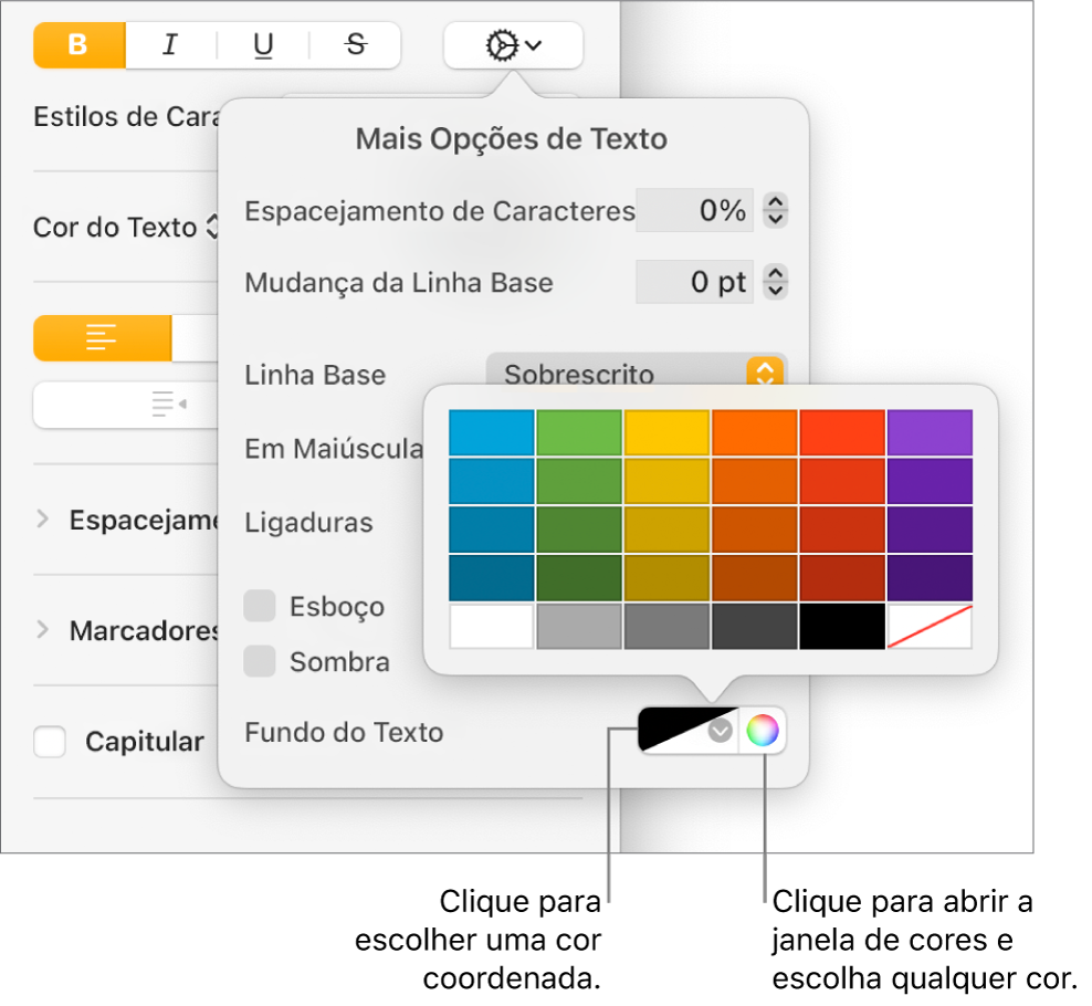 Controles para escolher uma cor de fundo para o texto.