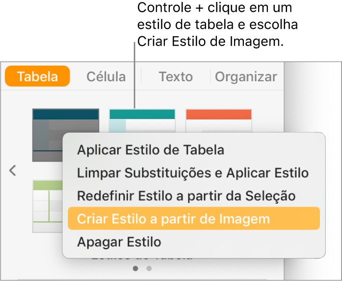 Menu de atalho de estilo da tabela.