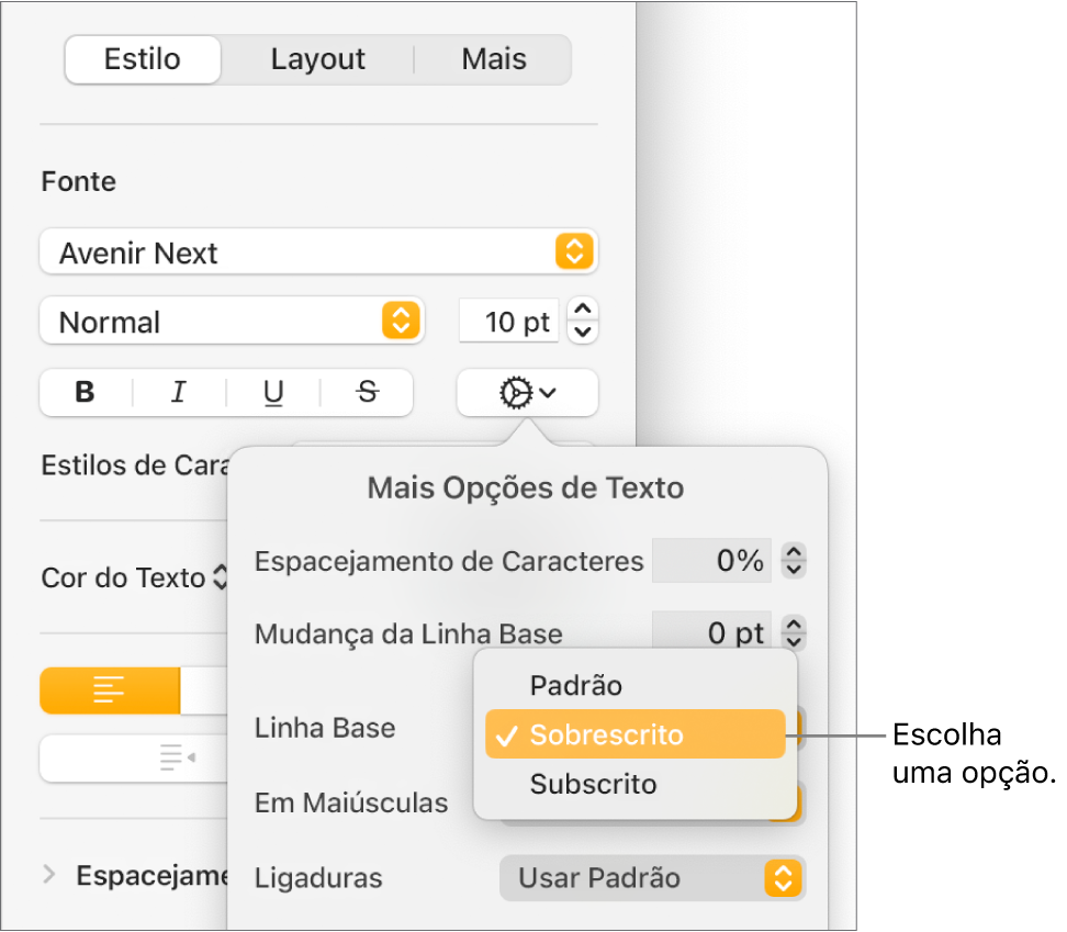 O menu Opções Avançadas com o menu pop-up “Linha Base” aberto, mostrando os itens de menu Padrão, Sobrescrito ou Subscrito.