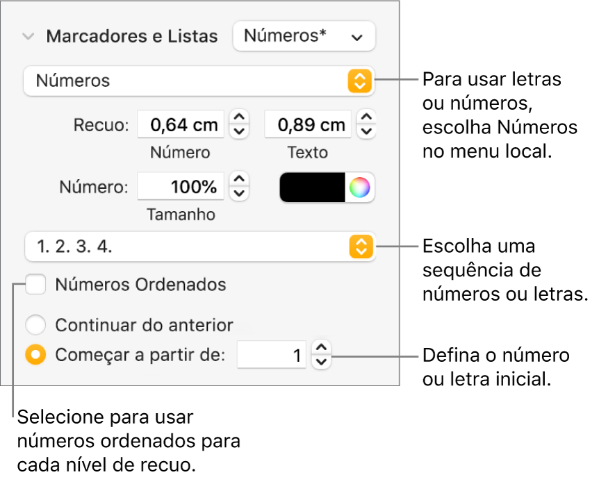 Controles para alterar o estilo dos números e espacejamento de uma lista.