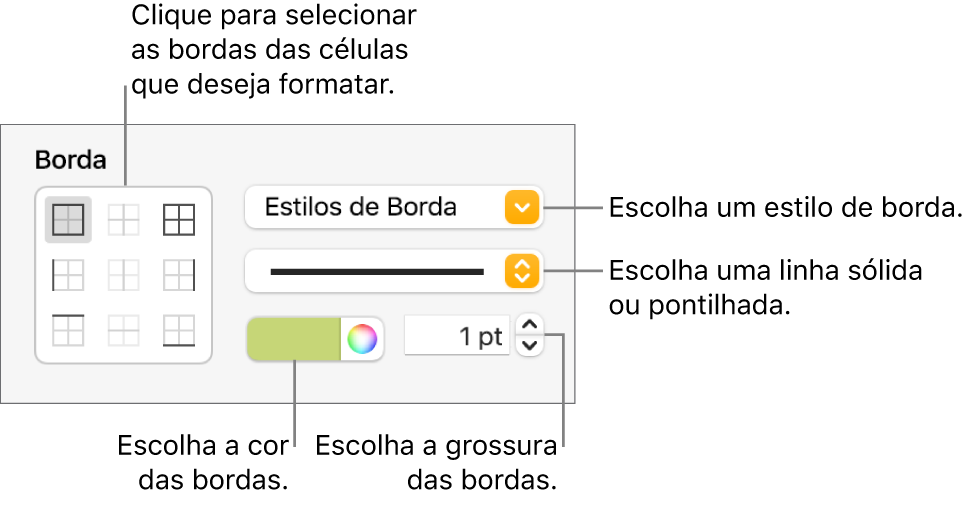Controles para estilizar as bordas das células.