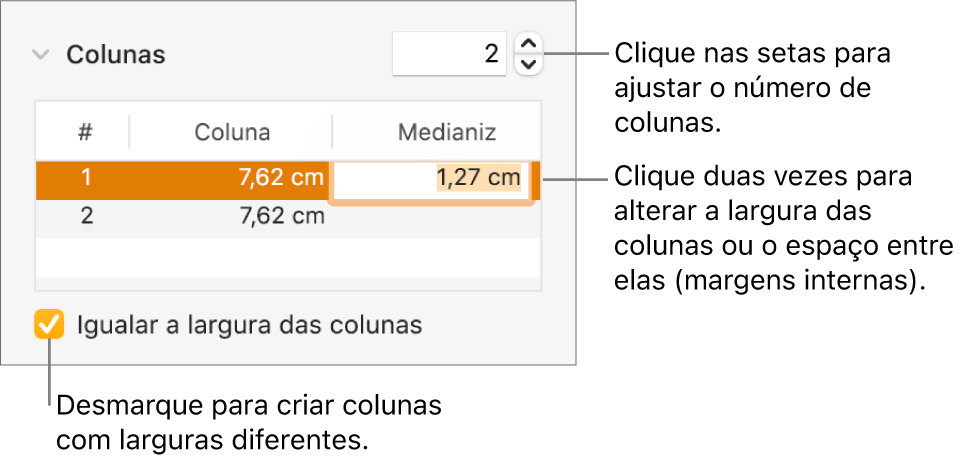 Painel Layout do inspetor Formatar, exibindo os controles de coluna.