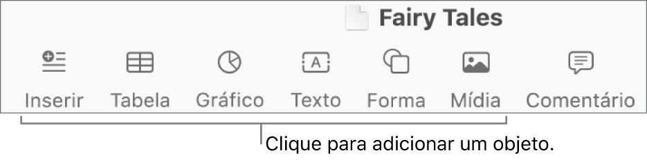 Barra de ferramentas com botões para adicionar tabelas, gráficos, texto, formas e mídia.