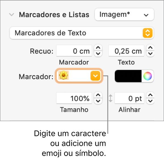 Seção “Marcadores e Listas” da barra lateral Formatar. O campo Marcador mostra um emoji de flor.