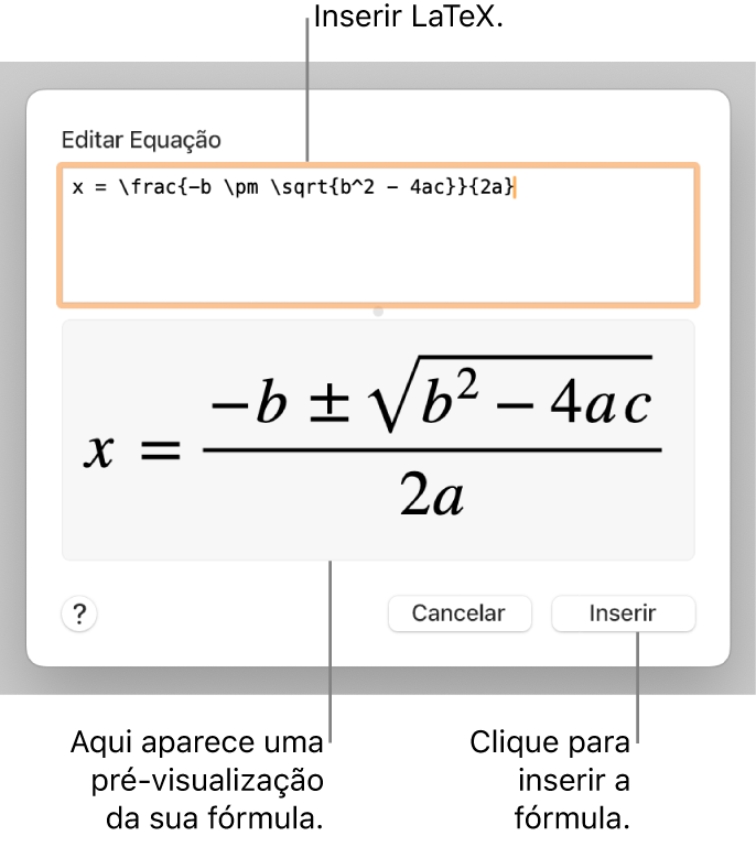 A fórmula quadrática escrita com LaTeX no campo Equação e uma pré-visualização da fórmula abaixo.