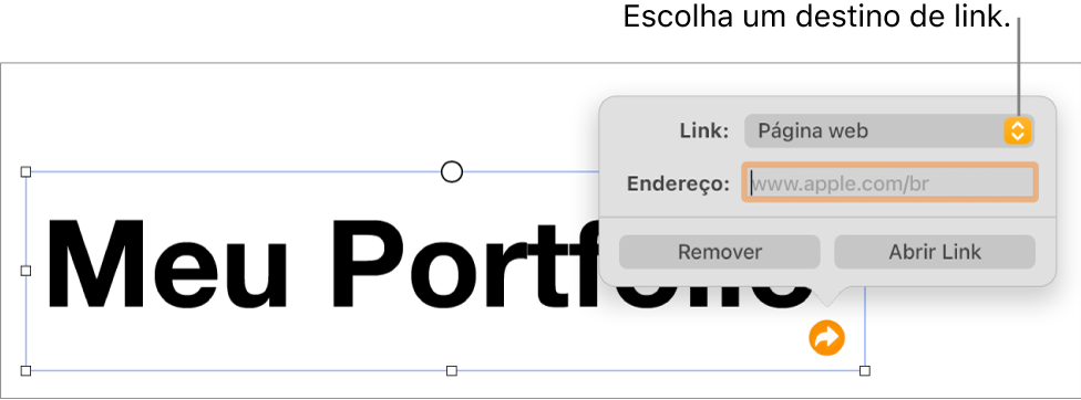 Controles do editor de links com “Página Web” selecionado e os botões Remover e “Abrir Link” na parte inferior.