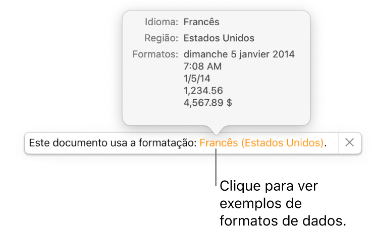A notificação da configuração diferente de idioma e região, com exemplos de formatação no idioma e região diferentes.