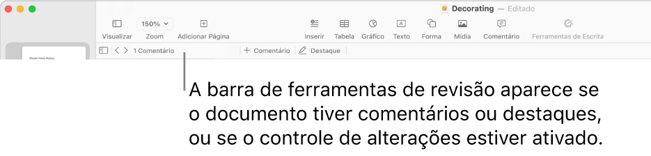 Barra de ferramentas do Pages na parte superior da tela com os botões Visualizar, Zoom, Adicionar Página, Inserir, Tabela, Gráfico, Texto, Forma, Mídia e Comentário. Abaixo da barra de ferramentas do Pages está a barra de ferramentas de revisão, com botão para ocultar ou mostrar comentários, setas para ir para o comentário anterior ou seguinte, número total de comentários e botões para adicionar comentário ou destaque.