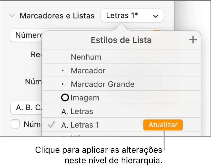 Menu pop-up “Estilos de Lista” com o botão Atualizar ao lado do nome do novo estilo.