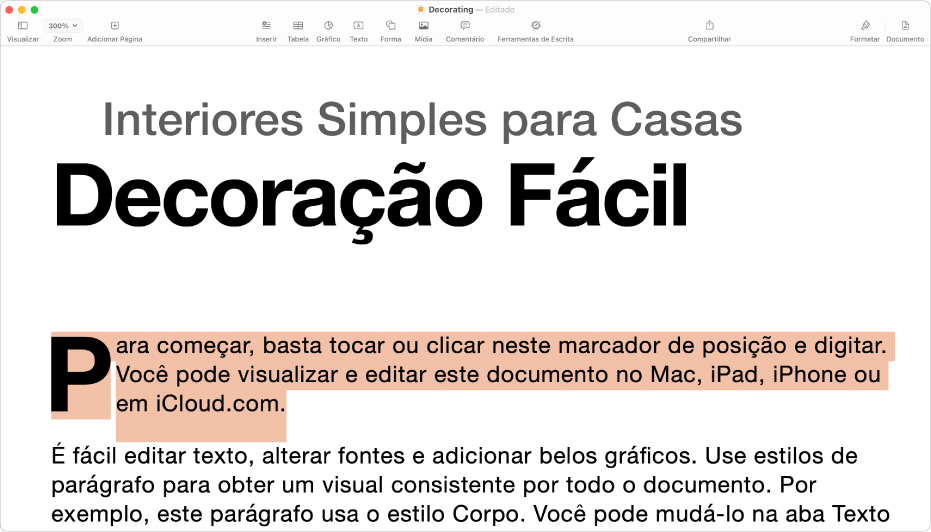 Em um documento aberto, um modelo de texto marcador de posição está selecionado.
