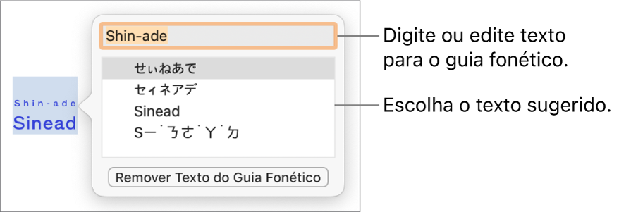 O guia fonético de uma palavra, com chamadas para o campo de texto e sugestão de texto.