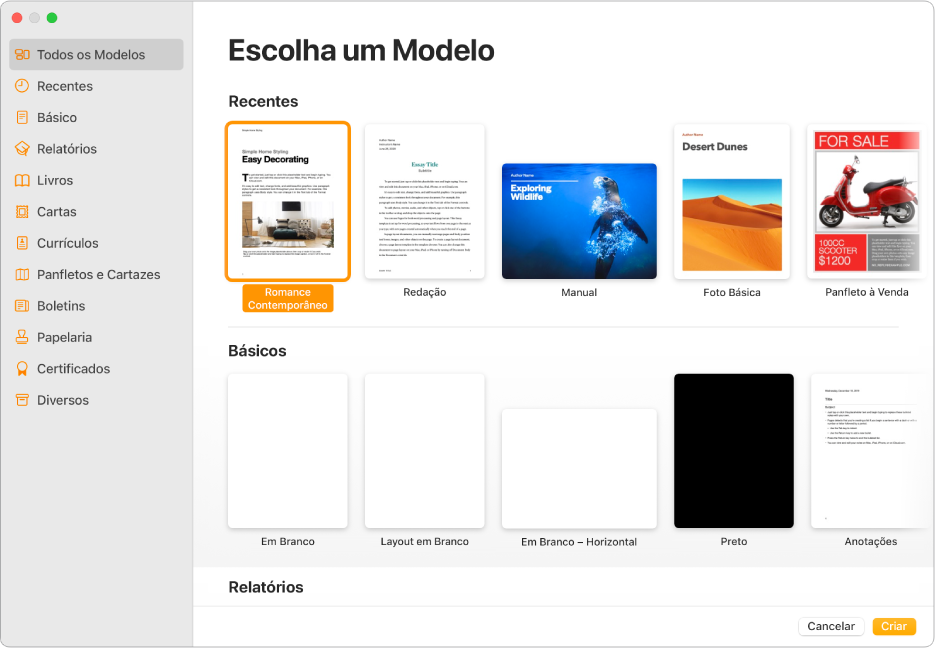 O seletor de modelos. Uma barra lateral à esquerda lista as categorias de modelos que podem ser clicadas para filtrar opções. À direita estão miniaturas de modelos pré-projetados, organizados em linhas por categoria. Os botões Cancelar e Criar estão no canto inferior direito.