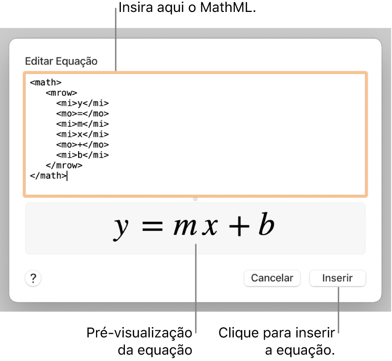 A equação da inclinação de uma linha no campo Editar Equação e uma pré-visualização da fórmula abaixo.