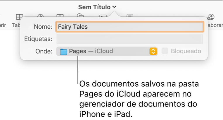 Caixa de diálogo Salvar em um documento com Pages — iCloud no menu pop-up Onde