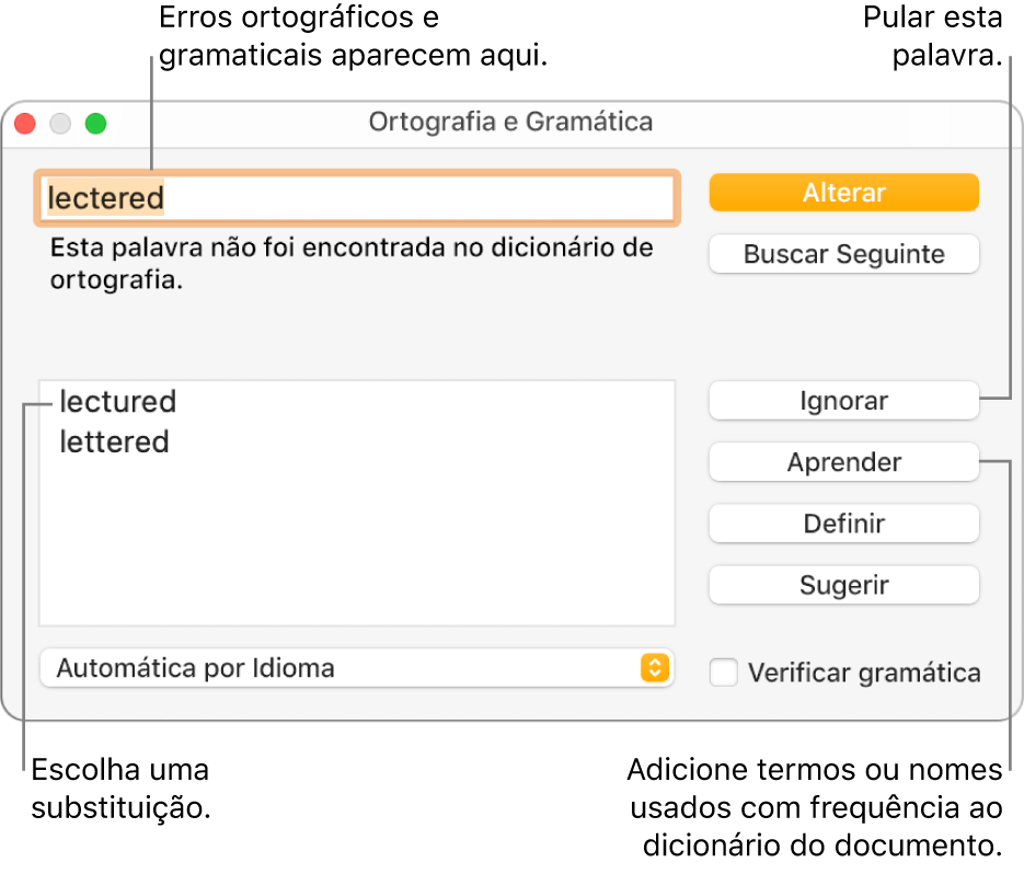 Janela de Ortografia e Gramática.
