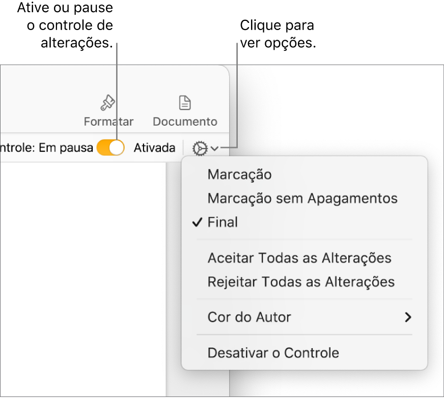 Menu de opções de controle mostrando Desativar o Controle na parte inferior e balões explicativos para os botões “Ativar o Controle” e Em pausa.