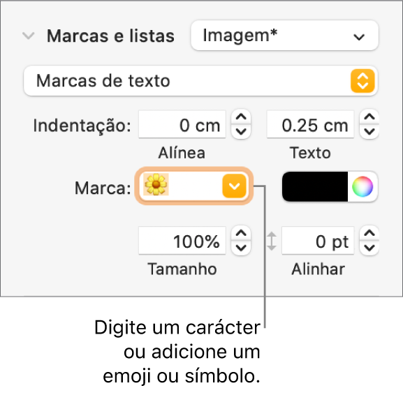 A secção “Marcas e listas” da barra lateral "Formatação”. O campo "Marca” a mostrar um emoji de uma flor.