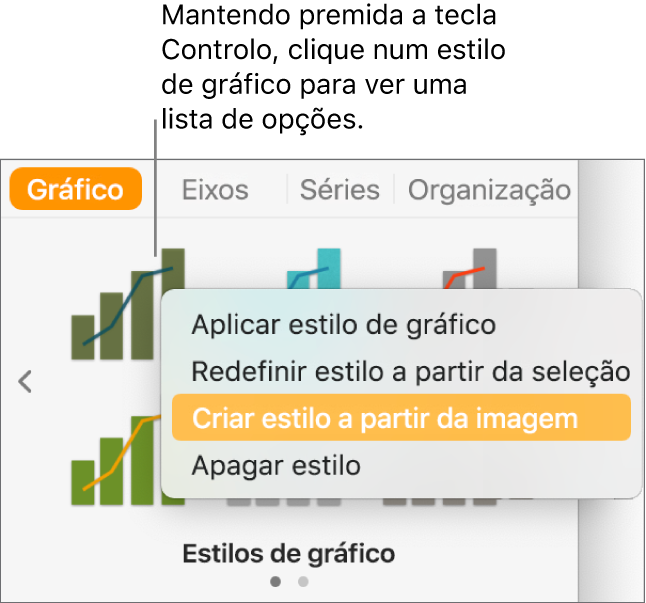 Menu de atalhos de estilo de gráfico.