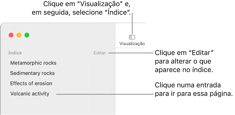 O índice no lado esquerdo da janela do Pages com o botão “Editar” no canto superior direito da barra lateral e as entradas do índice na lista.