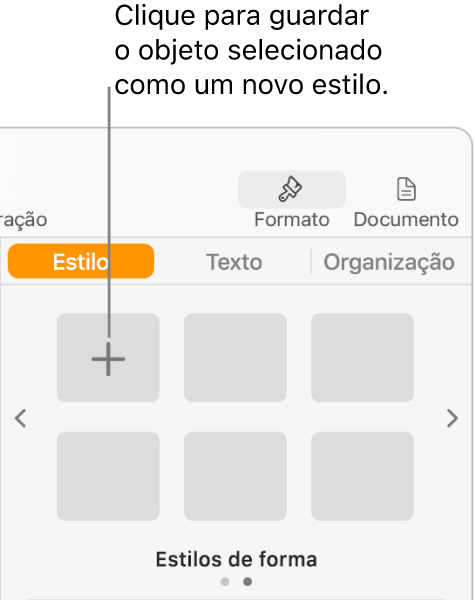 O separador “Estilo” da barra lateral "Formatação”, com o botão "Criar estilo” no canto superior esquerdo e cinco marcadores de posição de estilo vazios.