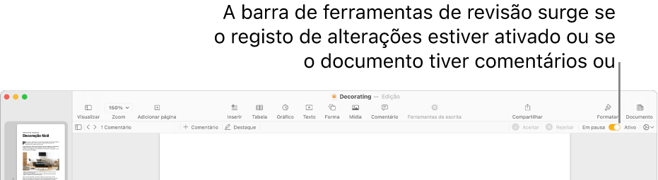 A barra de ferramentas do Pages com registo de alterações ativado e a barra de ferramentas de revisão debaixo da mesma.