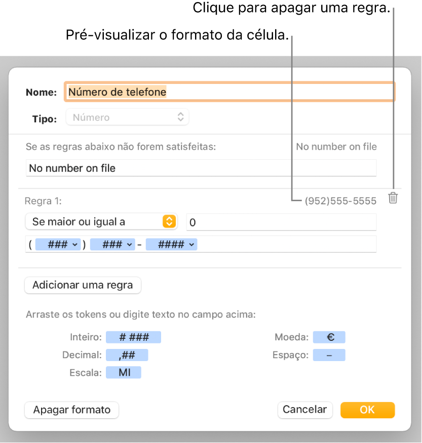 Janela de formato de célula personalizado com controlos para escolher o formato de número personalizado.