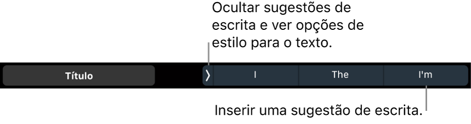 A Touch Bar do MacBook Pro com controlos para escolher um estilo de texto, ocultar as sugestões de escrita e inserir sugestões de escrita.