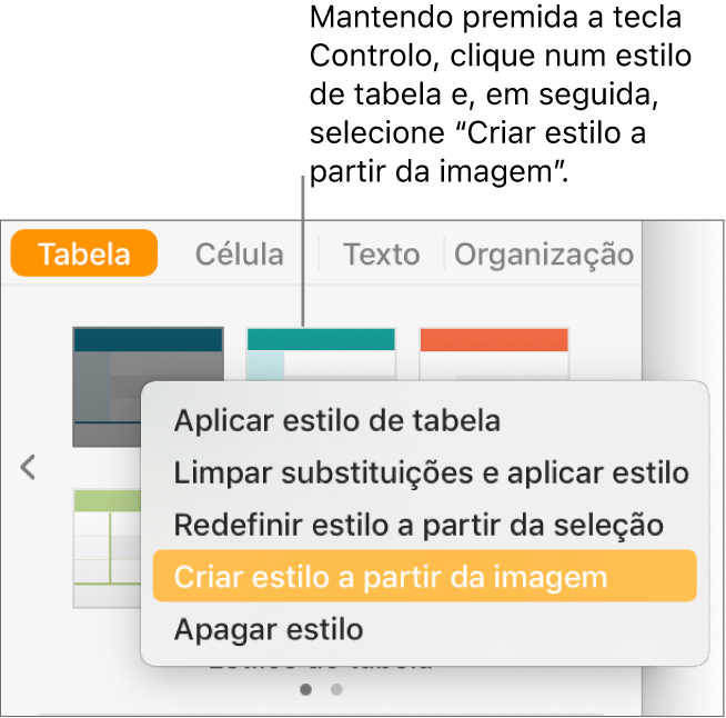 Menu de atalhos de estilo de tabela.