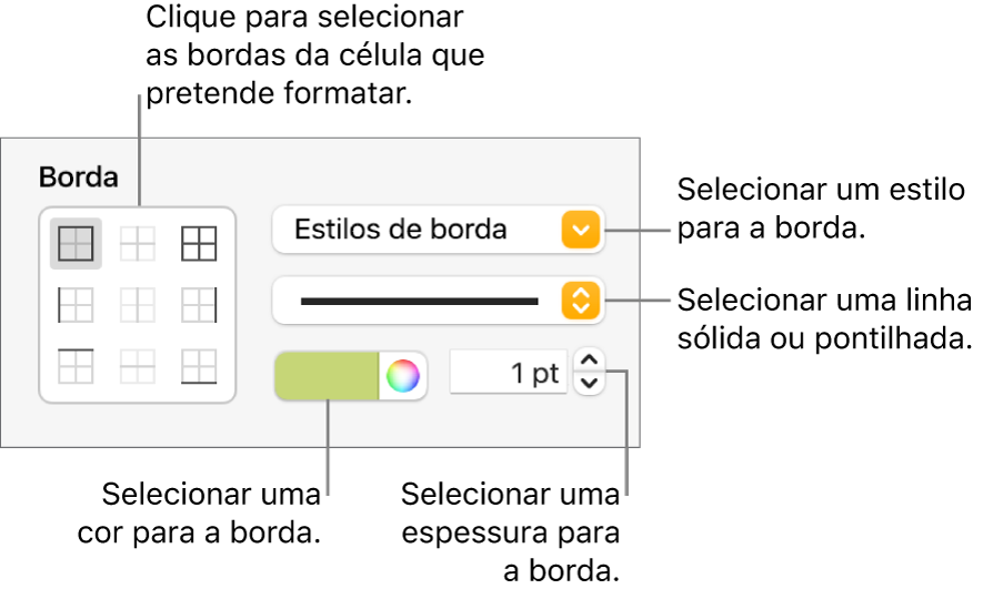 Controlos para definir o estilo de bordas de célula.