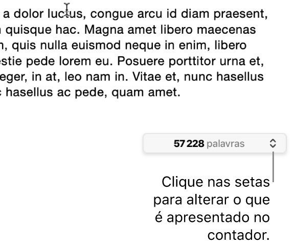 O menu de contagem de palavras a mostrar o número de palavras no documento.