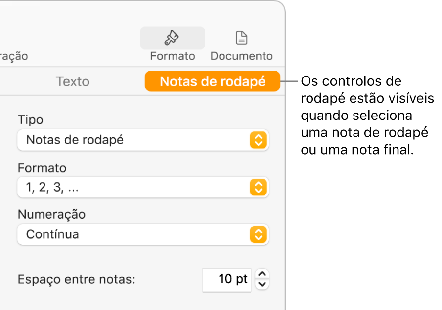 Painel “Notas de rodapé” a mostrar os menus pop-up “Tipo”, “Formato”, “Numeração” e espaço entre notas.